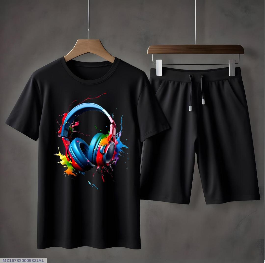 2 Pcs Men's Jersey Printed T-Shirt & Shorts Tracksuit