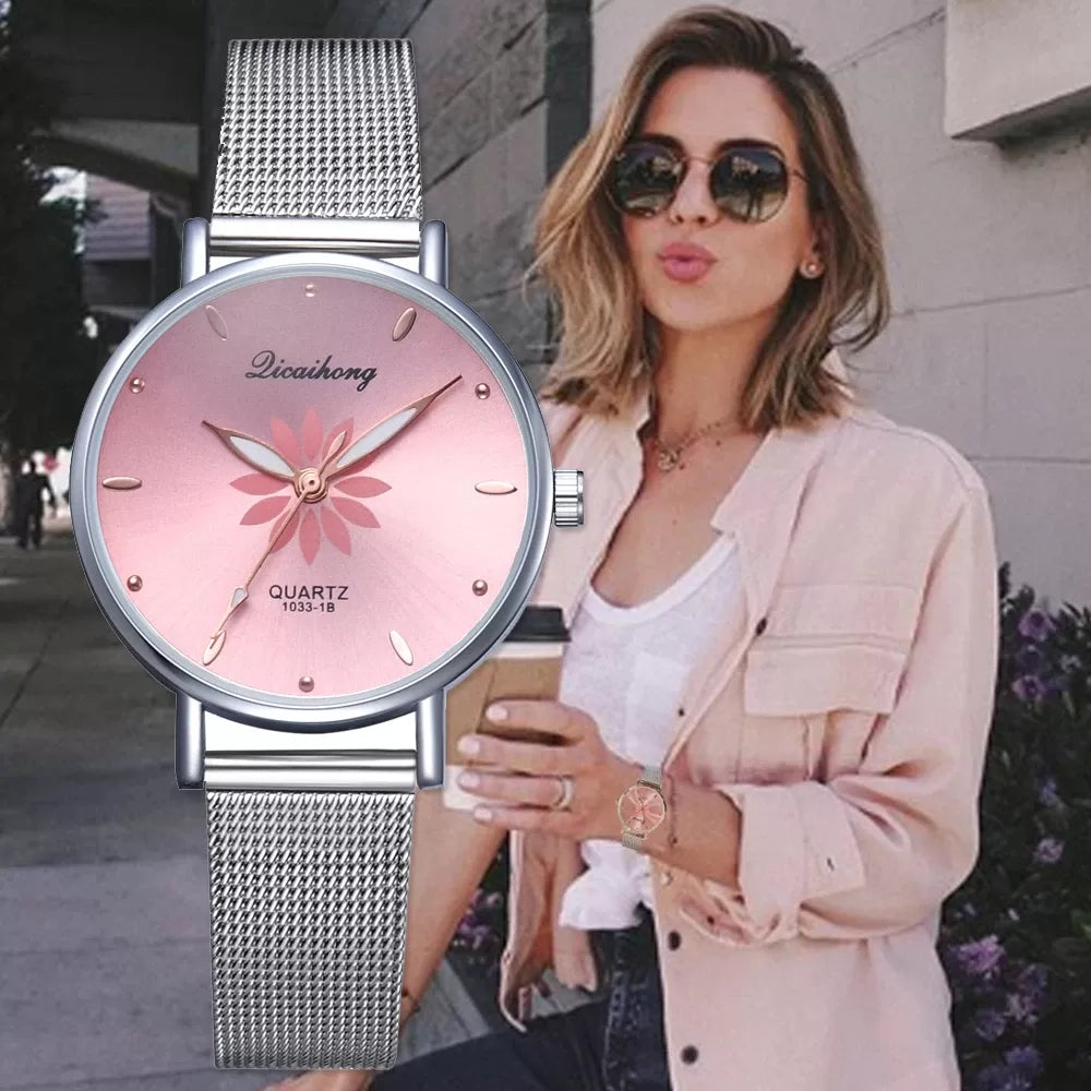 Women’s Wristwatches Luxury Silver Popular Pink Dial Flowers Metal Ladies Bracelet