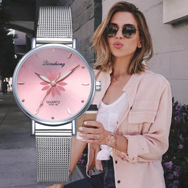 Women’s Wristwatches Luxury Silver Popular Pink Dial Flowers Metal Ladies Bracelet