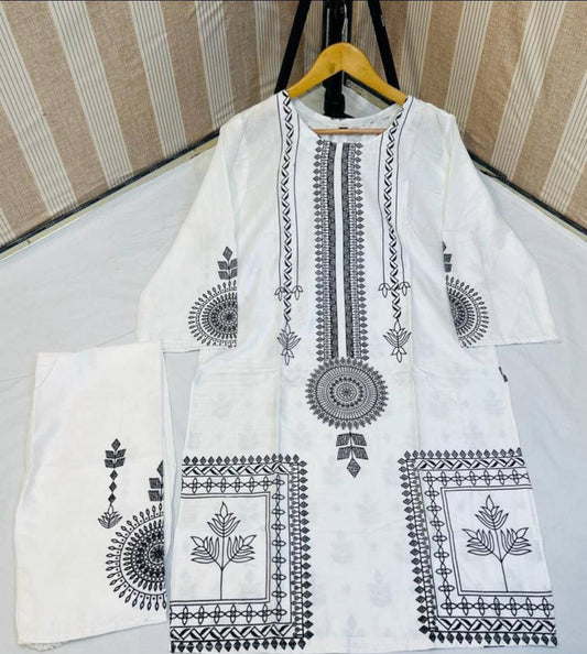 2 Pcs Women's Stitched Linen Block Printed Suit