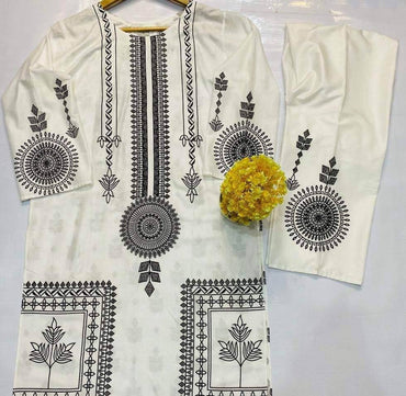 2 Pcs Women's Stitched Linen Block Printed Suit