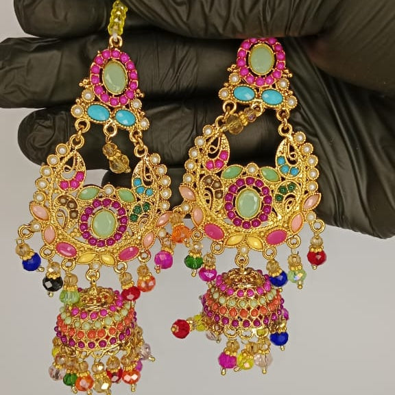 Bridal Necklace Set With Earrings And Bindiya – 1 Necklace 2 Earrings 1 Bindiya – Zarcon Style With Beautiful Moti Beads Colourful – For Wedding And Special Occasion – Specially For Bridals – Without Box – Adjustable Every One Can Wear