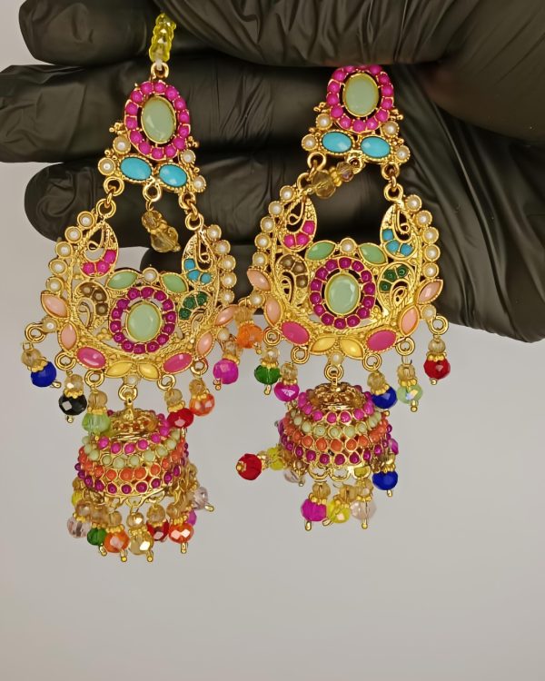 Bridal Necklace Set With Earrings And Bindiya – 1 Necklace 2 Earrings 1 Bindiya – Zarcon Style With Beautiful Moti Beads Colourful – For Wedding And Special Occasion – Specially For Bridals – Without Box – Adjustable Every One Can Wear