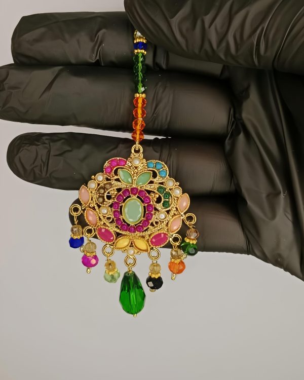 Bridal Necklace Set With Earrings And Bindiya – 1 Necklace 2 Earrings 1 Bindiya – Zarcon Style With Beautiful Moti Beads Colourful – For Wedding And Special Occasion – Specially For Bridals – Without Box – Adjustable Every One Can Wear