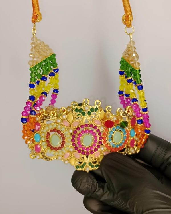 Bridal Necklace Set With Earrings And Bindiya – 1 Necklace 2 Earrings 1 Bindiya – Zarcon Style With Beautiful Moti Beads Colourful – For Wedding And Special Occasion – Specially For Bridals – Without Box – Adjustable Every One Can Wear