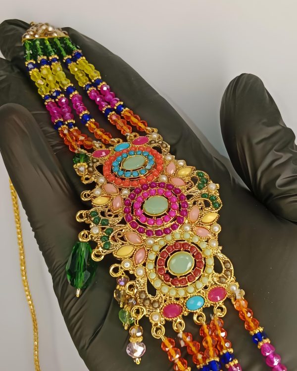Bridal Necklace Set With Earrings And Bindiya – 1 Necklace 2 Earrings 1 Bindiya – Zarcon Style With Beautiful Moti Beads Colourful – For Wedding And Special Occasion – Specially For Bridals – Without Box – Adjustable Every One Can Wear