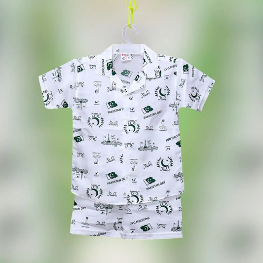 2 Pcs Boy's Dhanak Printed Shirt And Shorts Set pakistani short and shirt