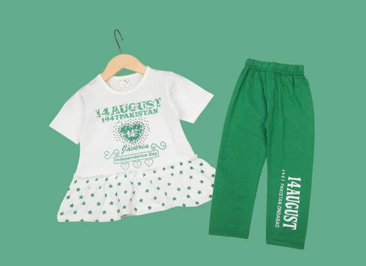 2 Pcs Girl's Blended Printed Frock And Trouser Set azadi sale independance