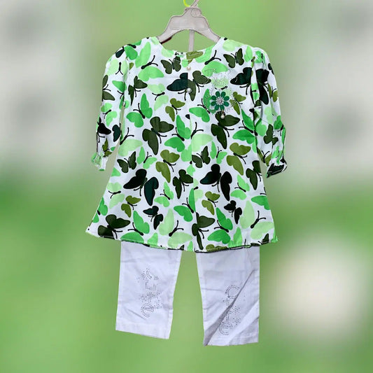 2 Pcs Girl's Cotton Lawn Printed Frock And Trouser Set azadi mubarak