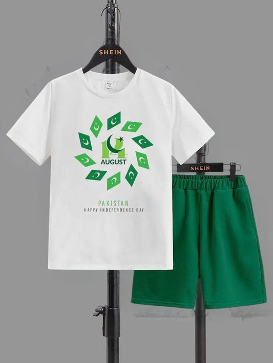 2 Pcs Boy's Blended Printed Knicker And Shirt Set