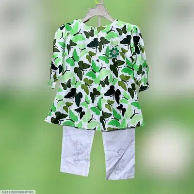 2 Pcs Girl's Cotton Lawn Printed Frock And Trouser Set azadi mubarak