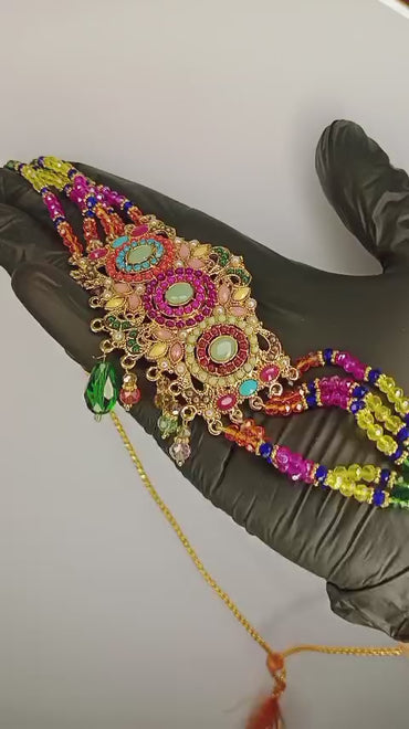 Bridal Necklace Set With Earrings And Bindiya – 1 Necklace 2 Earrings 1 Bindiya – Zarcon Style With Beautiful Moti Beads Colourful – For Wedding And Special Occasion – Specially For Bridals – Without Box – Adjustable Every One Can Wear