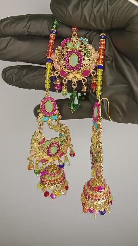 Bridal Necklace Set With Earrings And Bindiya – 1 Necklace 2 Earrings 1 Bindiya – Zarcon Style With Beautiful Moti Beads Colourful – For Wedding And Special Occasion – Specially For Bridals – Without Box – Adjustable Every One Can Wear
