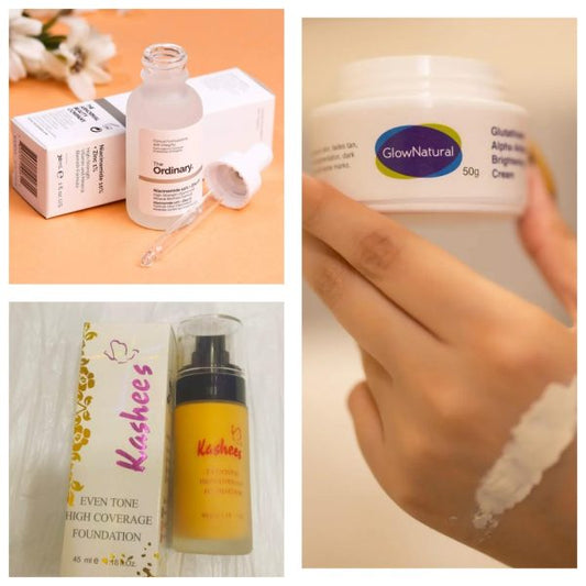 The Ordinary Skin Brightening Niacinamide 10% + Zinc 1% serum 30ml + Glow Natural Glutathione Alpha Arbutin Skin Brightening Cream (50g) + Kashees Eventone High Coverage Liquid Foundation (random Shades) 45ml