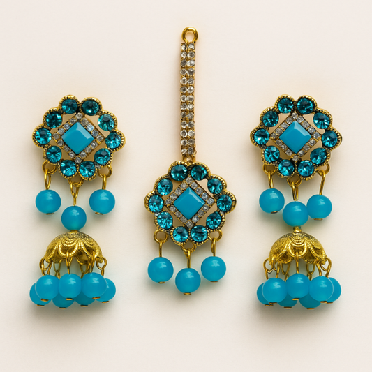 Artificial Jhumkay & Bindya Set With Blue Stones – Ethnic Jewelry For Women | Traditional Jhumke Set For Women | Jhumkay Set |artificial Jewelry For Women