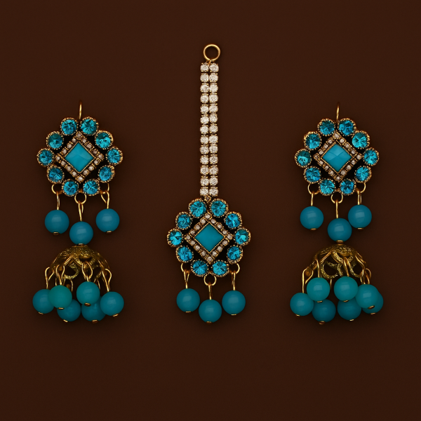 Artificial Jhumkay & Bindya Set With Blue Stones – Ethnic Jewelry For Women | Traditional Jhumke Set For Women | Jhumkay Set |artificial Jewelry For Women