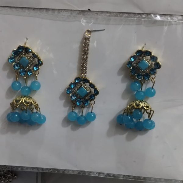 Artificial Jhumkay & Bindya Set With Blue Stones – Ethnic Jewelry For Women | Traditional Jhumke Set For Women | Jhumkay Set |artificial Jewelry For Women