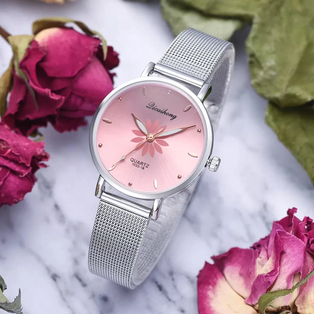 Women’s Wristwatches Luxury Silver Popular Pink Dial Flowers Metal Ladies Bracelet
