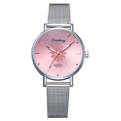 Women’s Wristwatches Luxury Silver Popular Pink Dial Flowers Metal Ladies Bracelet