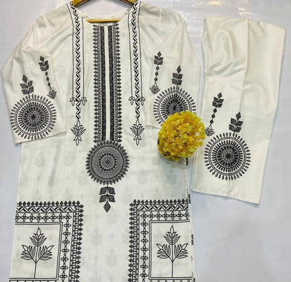 2 Pcs Women's Stitched Linen Block Printed Suit