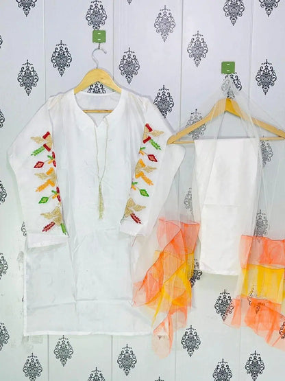 Stunning Women's Stitched Suit Set - 3 Pcs with Embroidered Katan Silk