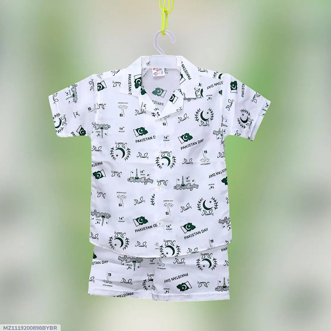 2 Pcs Boy's Dhanak Printed Shirt And Shorts Set pakistani short and shirt