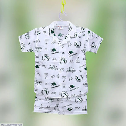 2 Pcs Boy's Dhanak Printed Shirt And Shorts Set pakistani short and shirt