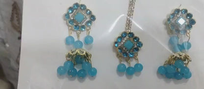 Artificial Jhumkay & Bindya Set With Blue Stones – Ethnic Jewelry For Women | Traditional Jhumke Set For Women | Jhumkay Set |artificial Jewelry For Women