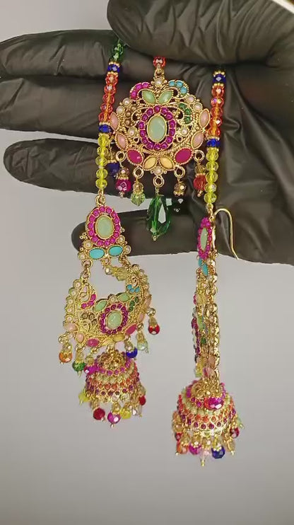 Bridal Necklace Set With Earrings And Bindiya – 1 Necklace 2 Earrings 1 Bindiya – Zarcon Style With Beautiful Moti Beads Colourful – For Wedding And Special Occasion – Specially For Bridals – Without Box – Adjustable Every One Can Wear