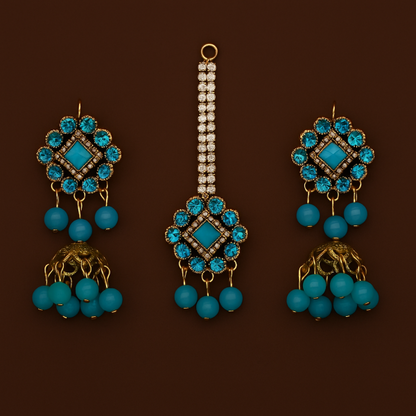 Artificial Jhumkay & Bindya Set With Blue Stones – Ethnic Jewelry For Women | Traditional Jhumke Set For Women | Jhumkay Set |artificial Jewelry For Women
